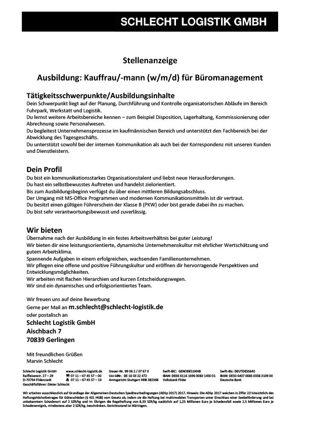Ausbildung: Kauffrau/-mann (w/m/d) für Büromanagement in Stuttgart